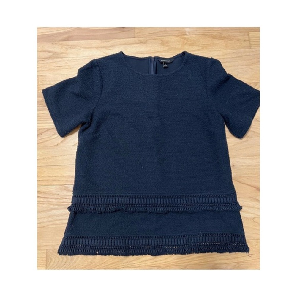 Banana Republic Navy Textured Fringe Top Short Sleeve Crew Neck Size S